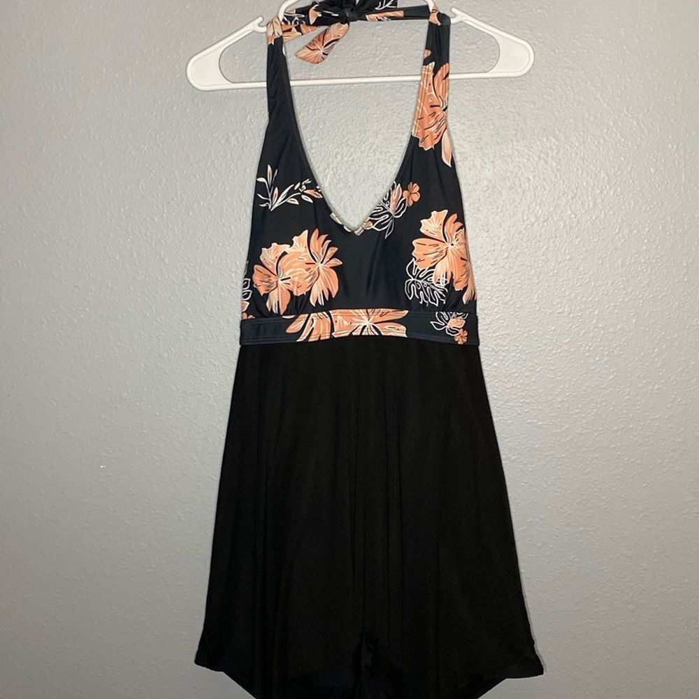 Black and Pink Hawaiian Floral Halter Tankini One Piece Swim Suit Size XL